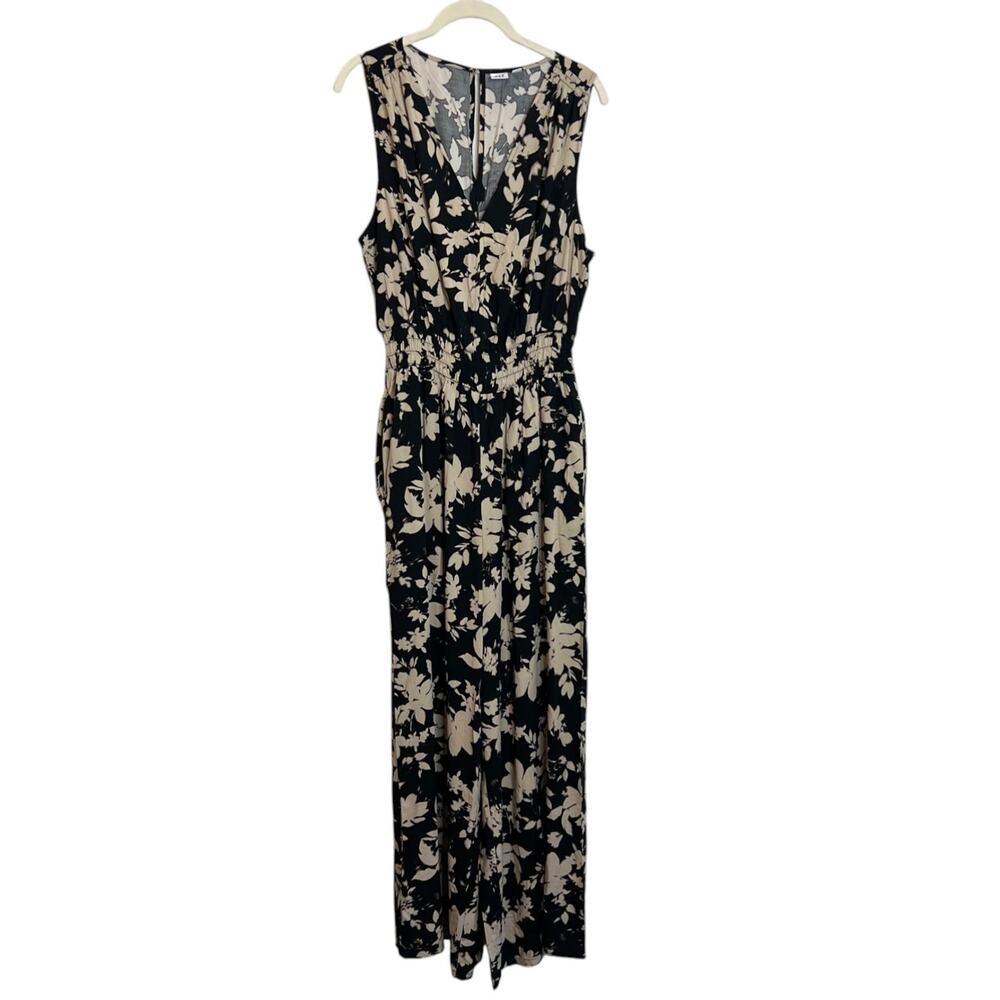 GAP Womens Jumpsuit L Black Tan Floral Smocked Waist V-Neck Wide Leg Sleeveless